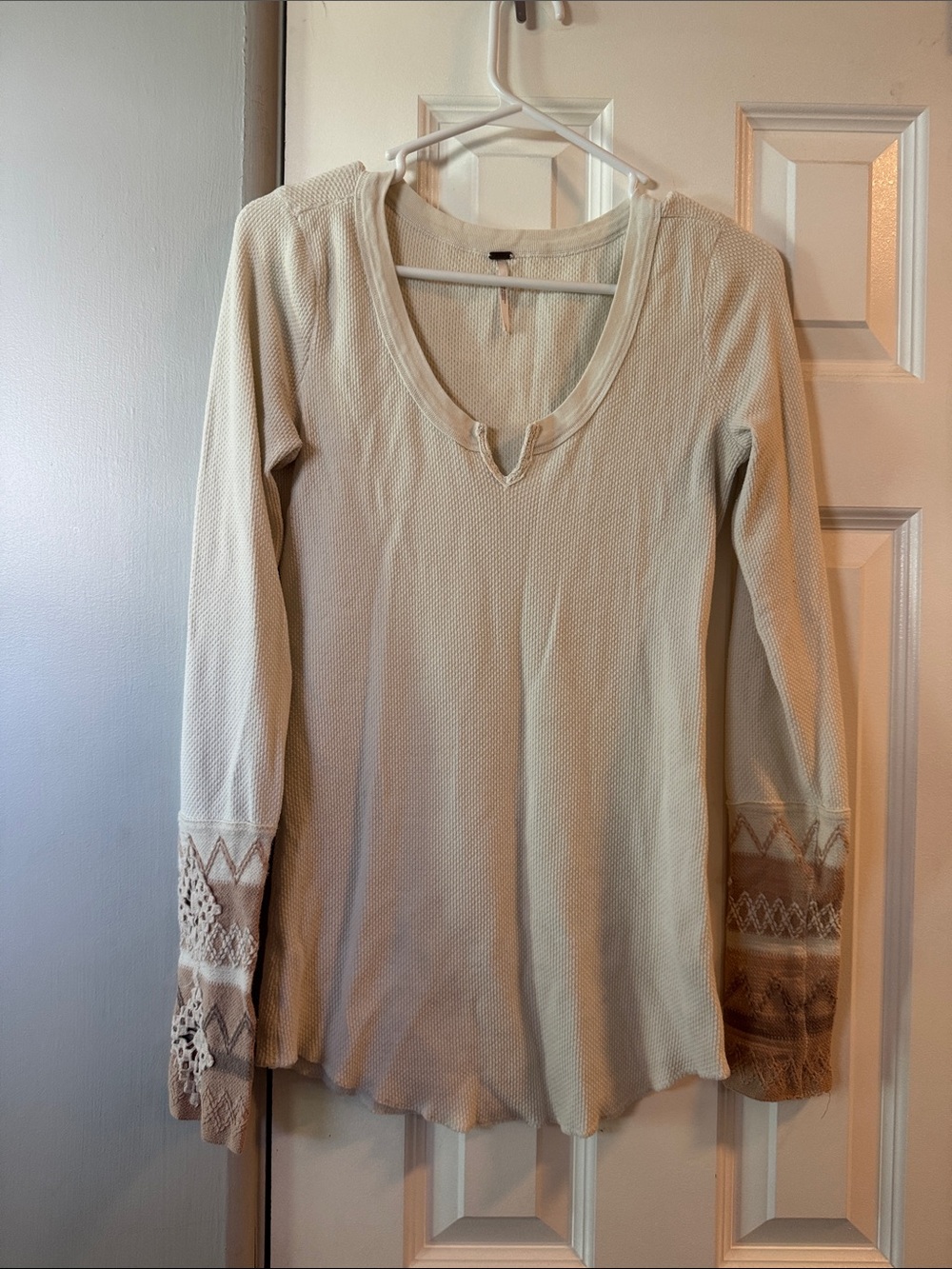Free People Cream Long Sleeve Knit Top with Embroidered Lace Cuffs